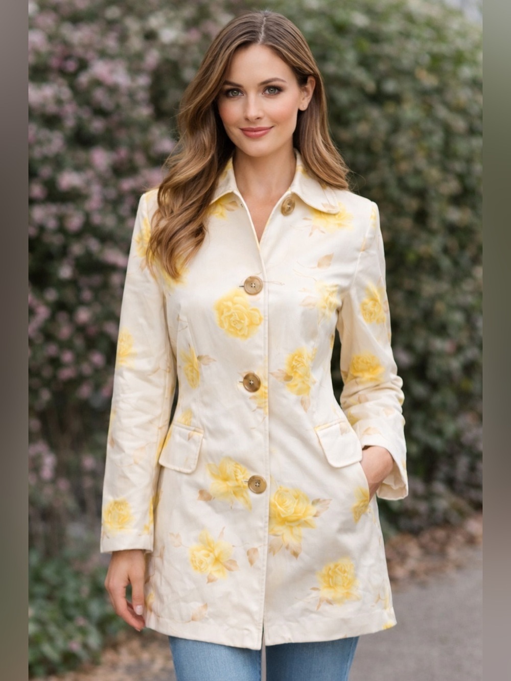 Vintage 2004 Banana Republic Ivory yellow rose trench coat Sz XS Button Light